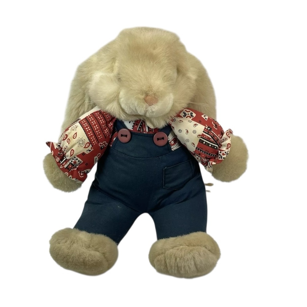 Vintage Plush Bunny Rabbit Stuffed Animal Overalls Red Bandana Top Farmhouse 15”